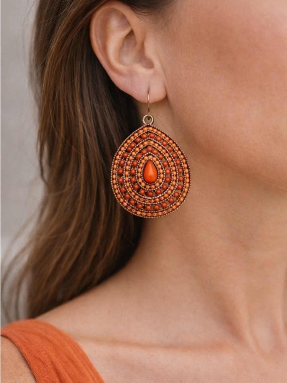 Boho Orange Beaded Teardrop Earrings OS Statement Tribal